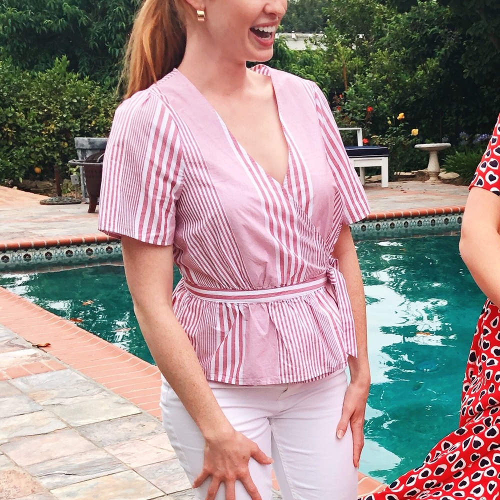 Madewell pink striped wrap top